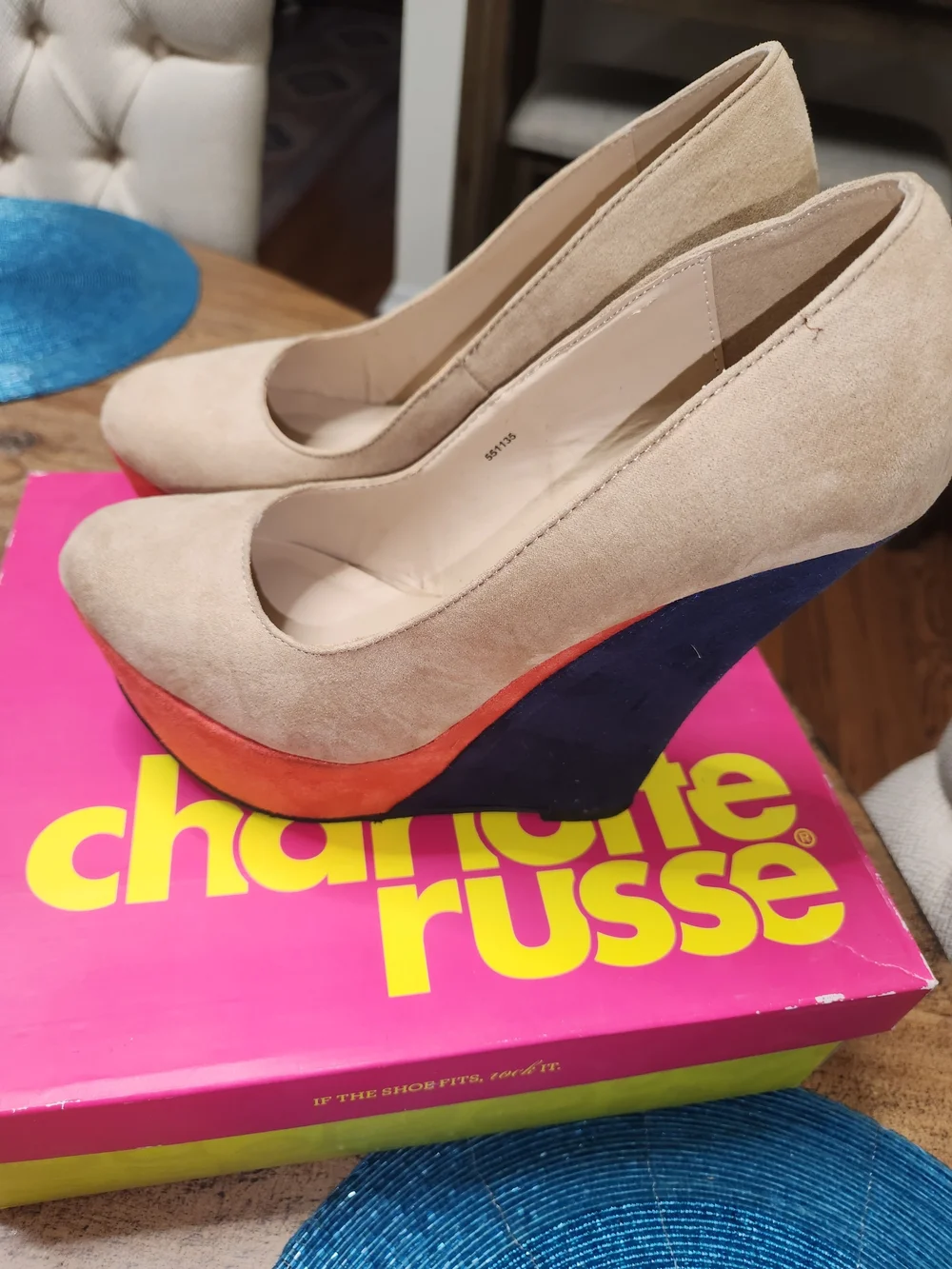 Charlotte Russe Beige Suede Wedges with Navy & Coral Colorblock